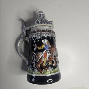 Original King Beer Stein West Germany Cobalt Blue Medieval Knight Pewter Lid